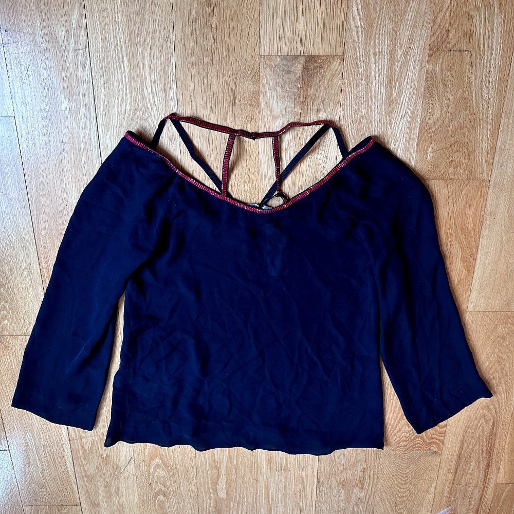 Versace Collection Women's Black silk top with Magenta strap trimmings size 6